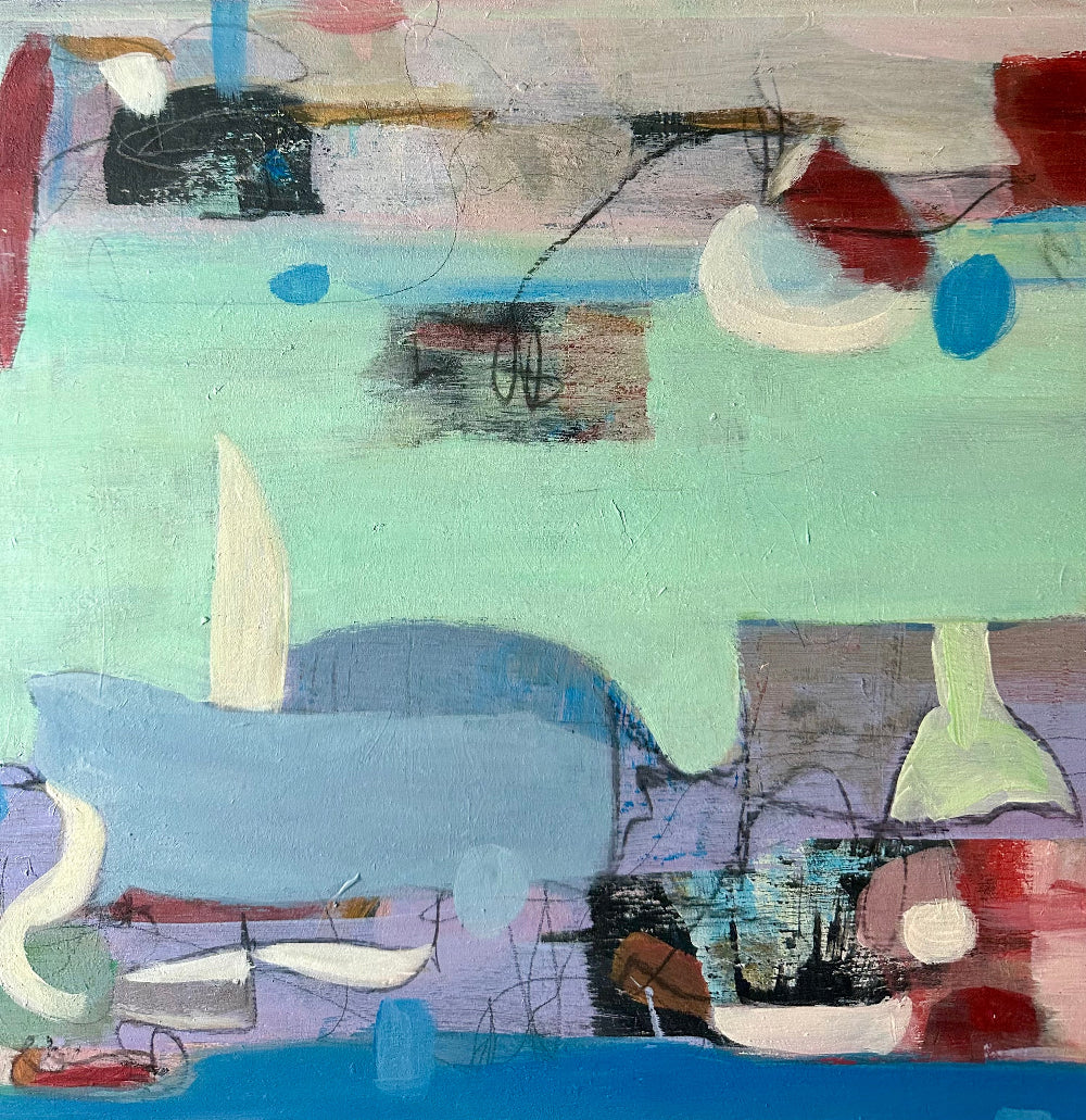Abstract turquoise painting with sailing-boat-like shapes, layered textures, and soft motion—evoking summer memories and emotional journeys by Beata Bosze