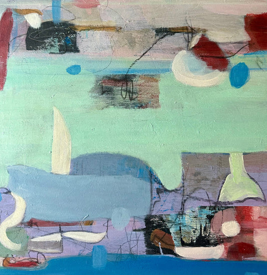 Abstract turquoise painting with sailing-boat-like shapes, layered textures, and soft motion—evoking summer memories and emotional journeys by Beata Bosze