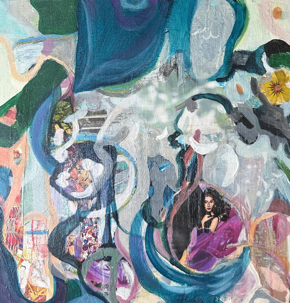 Abstract artwork with swirling colors and a central figure in a purple dress.