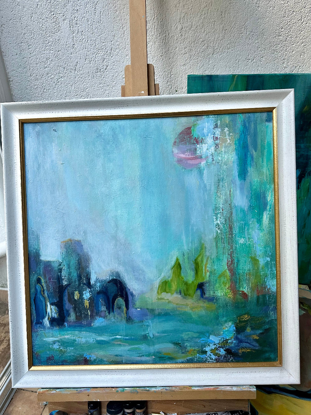 Angkor ruins-inspired abstract spiritual landscape painting by Beáta Bősze

