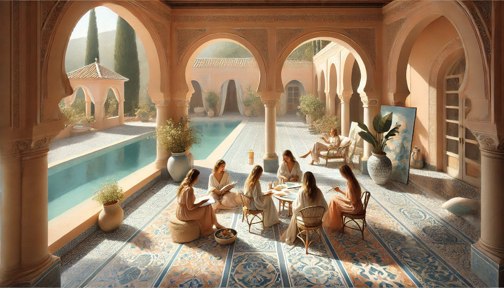 People sitting around a table in a sunlit courtyard with arches and a pool.