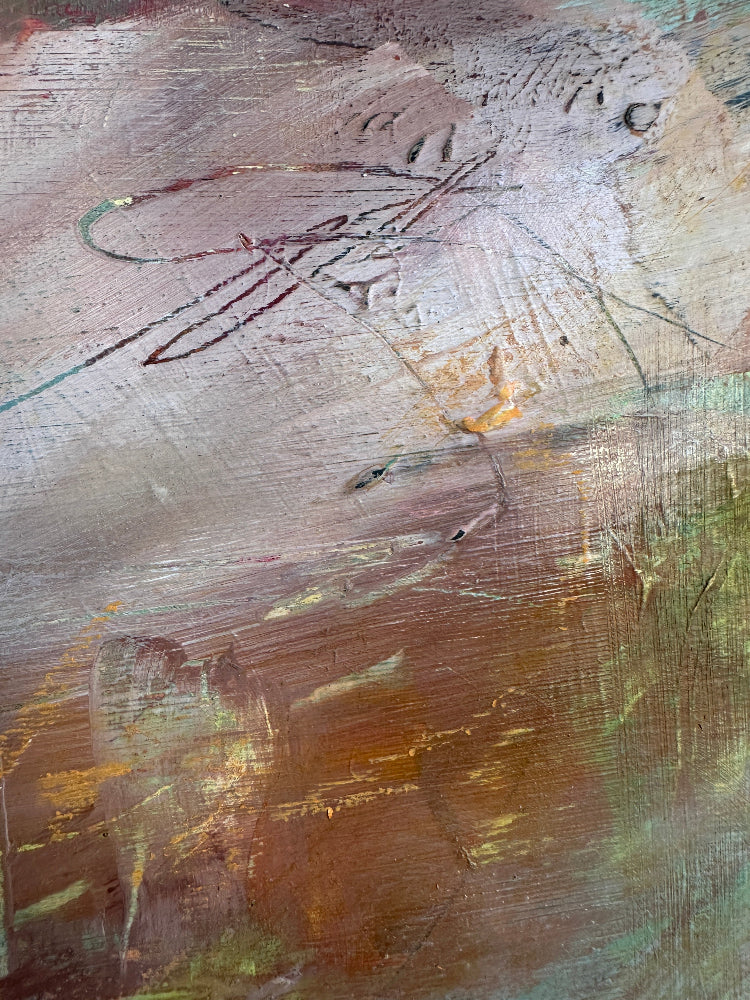 Abstract textured painting with expressive brushstrokes in earthy tones of brown, beige, muted green, and gold.