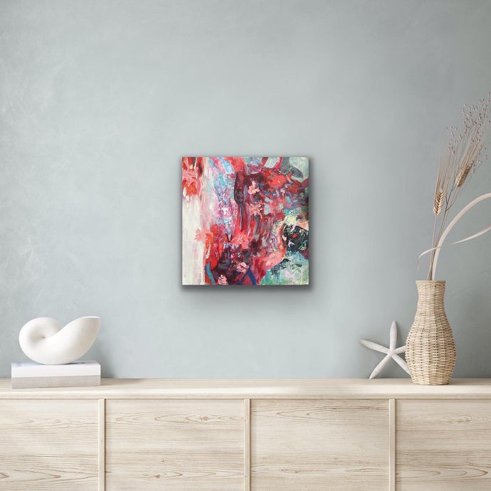 Cherry Blossom abstract art on wood panel in situ photo